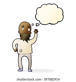 hombre barbudo de caricatura saludando con burbuja de pensamiento