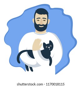 Cartoon bearded man in white medical gown. Veterinarian keeps cat.