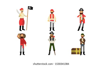 Cartoon Bearded Pirate Characters In Different Actions And Poses Vector Illustration Set Isolated On White Background
