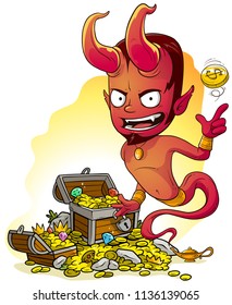 Cartoon bearded red evil jinn devil character with lamp and treasure chest with diamonds, gold coins and gems. On yellow background.