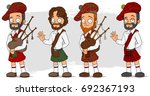 Cartoon bearded scottish man in kilt with bagpipe characters vector set
