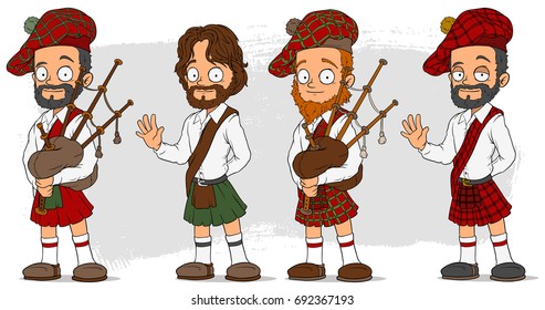 Cartoon bearded scottish man in kilt with bagpipe characters vector set