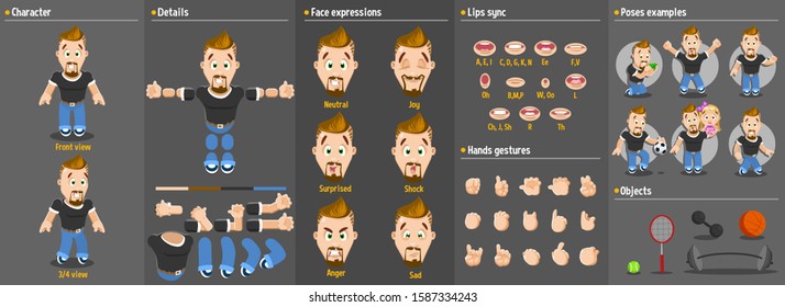 Cartoon bearded sportive man constructor for animation. Parts of body: legs, arms, face emotions, hands gestures, lips sync. Full length, front, three quater view. Set of ready to use poses, objects.