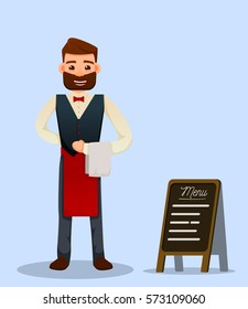 Cartoon bearded waiter. isolated. vector illustration