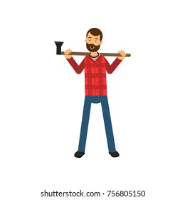 Cartoon bearded woodcutter character in red plaid shirt standing and holding axe on his shoulders