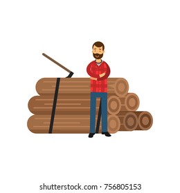 Cartoon bearded woodcutter in hipster plaid shirt standing near pile of logs with arms crossed. Flat vector illustration