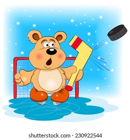 Cartoon bear-hockey goalkeeper tipped the puck. 