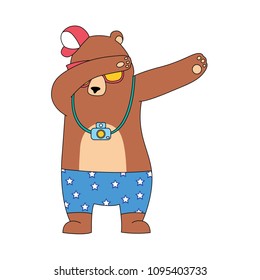 cartoon bears are doing dubbing wearing sunglasses, boxers with star motifs and cute little hats