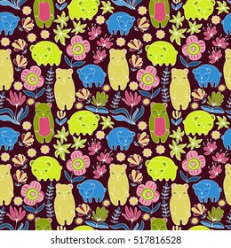 Cartoon bears and flowers. Colorful Seamless Pattern.