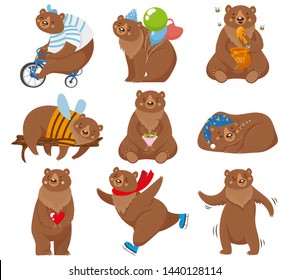 Cartoon bears. Happy bear, grizzly eats honey and brown bear character in funny poses. Wildlife or circus skating mascot, zoo grizzly bears animal. Isolated vector illustration icons set