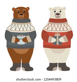 Cartoon bears in sweater. Animal characters with gift and cup of cocoa. Vector illustration.