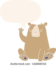 cartoon bear;waving with speech bubble in retro style