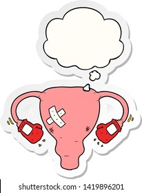 cartoon beat up uterus with boxing gloves with thought bubble as a printed sticker