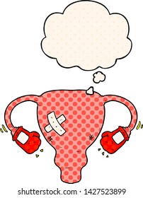 cartoon beat up uterus with boxing gloves with thought bubble in comic book style