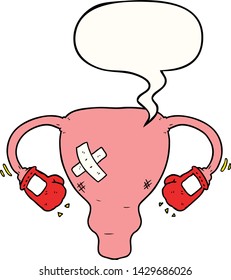 cartoon beat up uterus with boxing gloves with speech bubble
