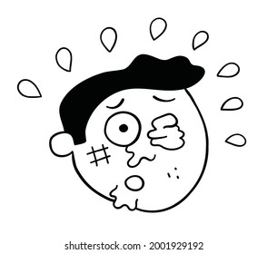 Cartoon beaten man head, vector illustration. Black outlined and white colored.