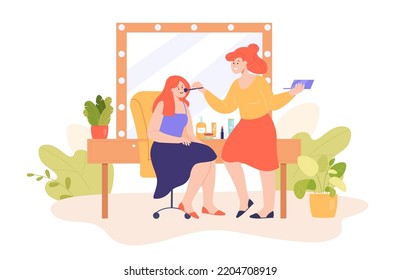 Cartoon beautician putting makeup on girl in parlor. Professional makeup artist working with client or celebrity in armchair flat vector illustration. Beauty salon, cosmetology concept for banner