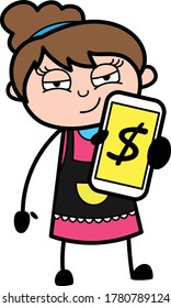Cartoon Beautician Showing Money in Cell Phone