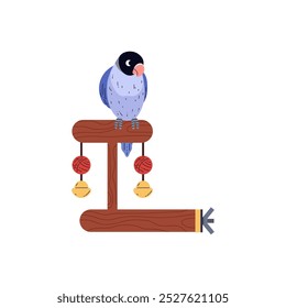 Desenho animado belo pássaro Agapornis senta-se em brinquedo de madeira com bolas coloridas vetor ilustração plana. Animal de estimação decorativo exótico com plumagem azul isolado. Papagaio tropical doméstico com acessório veterinário