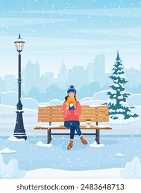 Cartoon beautiful autumn city park with bench. Woman using phone sitting on the bench in the winter park. Vector illustration in flat style