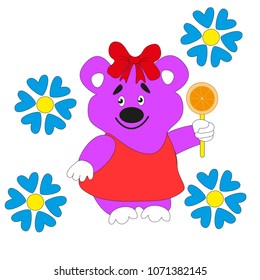 Cartoon beautiful bear with a bow holding a slice of orange in his paw.