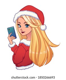 Cartoon beautiful blonde girl taking selfie and wearing Christmas costume. Hand drawn vector illustration. Isolated on white