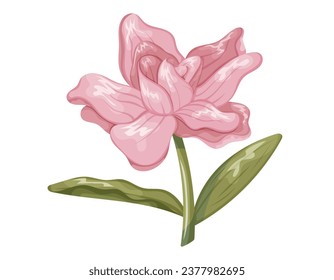 Cartoon beautiful blooming pink rose flower. Vector isolated plant, Stem with leaves and bud with petals.