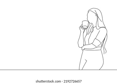 Caricatura de una hermosa mujer de negocios parada en la oficina bebiendo su café. Estilo de dibujo artístico onelino
