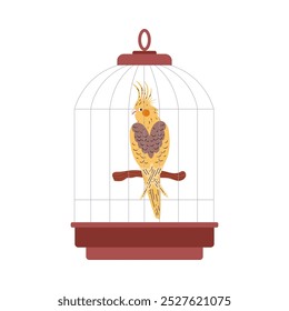 Cartoon beautiful Corella bird sits in bird cage. Decorative exotic pet bird with red cheeks and yellow plumage isolated. Vector domestic crested cockatoo parrot bird