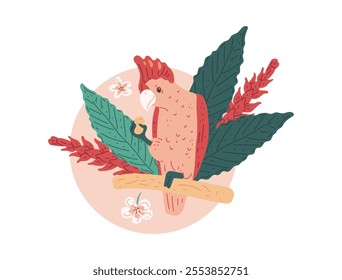 Cartoon beautiful cute Cockatoo bird sits on the branch with tropical leaves and flowers. Decorative exotic pet bird Corella with crest holds a grain. Vector domestic crested parrot bird in circle