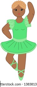 Cartoon beautiful dark skinned blonde ballerina with one raised hand and sleeves standing on one leg in a green tutu and pointe shoes and with a crown braid on her head vector
