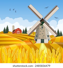 Caricatura hermosa escena de la granja de otoño con campos de trigo. Granja paisaje plano. Concepto de comida orgánica para cualquier diseño