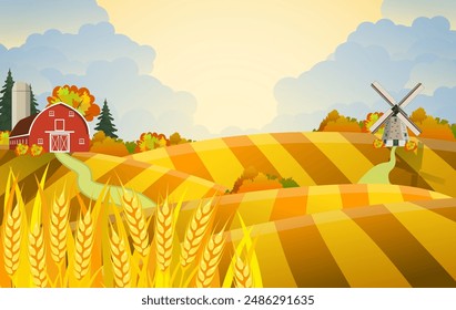 Cartoon beautiful fall farm scene with wheat fields. Farm flat landscape. Organic food concept for any design