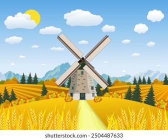 Cartoon beautiful fall farm scene with wheat fields. Farm flat landscape. Organic food concept for any design