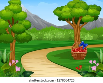 Cartoon of beautiful garden background with dirt road