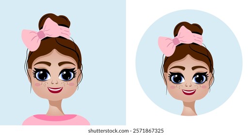 Cartoon beautiful girl avatar. Set of doll portraits, dark hair, big blue eyes, cheerful smiling expression, pink bow. Barbie style. Highlights for stories. Vector illustration isolated