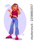 Cartoon beautiful girl with blonde hair wear trendy burgundy colored shirt, wide blue jeans and pink shoes on white background. Young attractive woman portrait, game personage Vector illustration