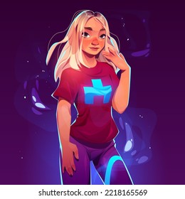 Cartoon beautiful girl with blonde hair wear trendy t-shirt and tight pants on purple background with mystic light and glowing haze. Young attractive woman portrait. game personage Vector illustration