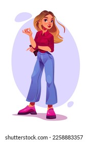 Cartoon beautiful girl with blonde hair wear trendy burgundy colored shirt, wide blue jeans and pink shoes on white background. Young attractive woman portrait, game personage Vector illustration