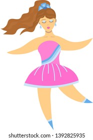 Cartoon beautiful girl with closed make-up eyes and brown wavy hair, gathered in a ponytail and flying in the wind, in a pink dress with blue stripes, in blue shoes and with long shiny earrings