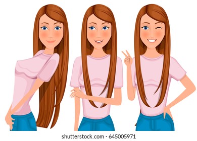 Cartoon beautiful girl in full growth with different emotions.