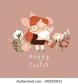 Cartoon beautiful girl holding cute white rabbit
