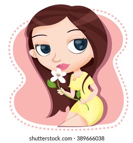 cartoon beautiful girl holding flower.