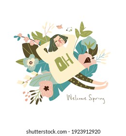 Cartoon beautiful girl lying in spring flowers