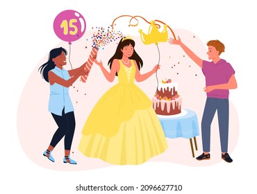 Cartoon beautiful girl in pink dress and friends celebrate with cake, boy holding balloons with number 15. Quinceanera concept. Birthday party celebration for fifteen princess