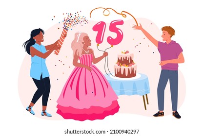 Cartoon beautiful girl in pink dress and friends celebrate with cake, boy holding balloons with number 15. Quinceanera concept. Birthday party celebration for teen princess vector illustration