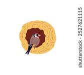 Cartoon beautiful Goldfinch bird sits in the nest cocoon vector flat illustration. Decorative Gouldian Finch with colorful plumage in bird house isolated. Domestic parrot exotic pet