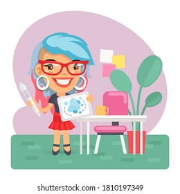 Cartoon beautiful hipster fashion style computer graphic illustrator girl working with tablet. Composition with a professional. Flat female character.