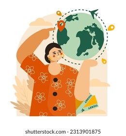 Cartoon beautiful lady with air tickets holding globe and looking for next travel. Young tourist planning trip around world concept. Flat vector illustration in orange and green colors