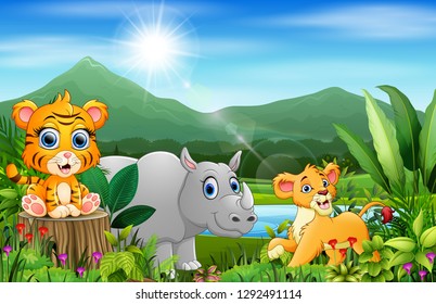 Cartoon of the beautiful landscape with different animals